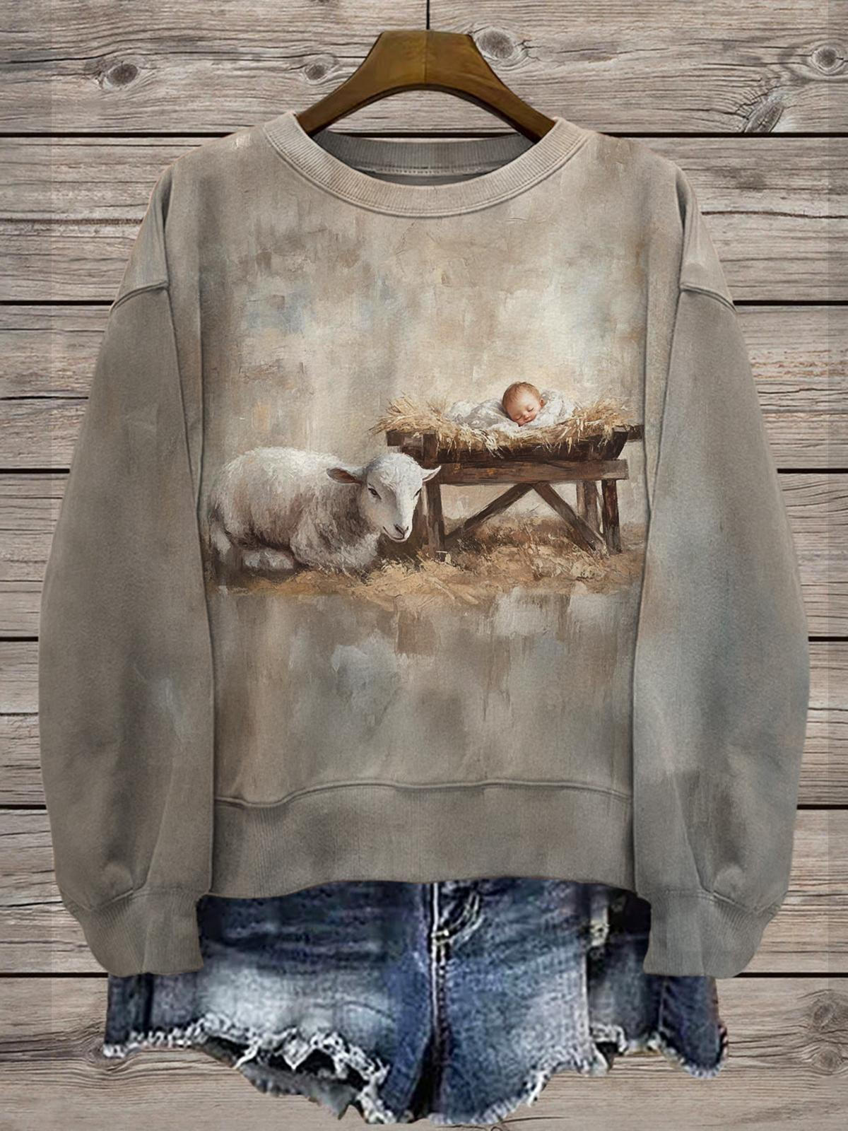 Nativity Christian Christmas Printed Long Sleeve Casual Top