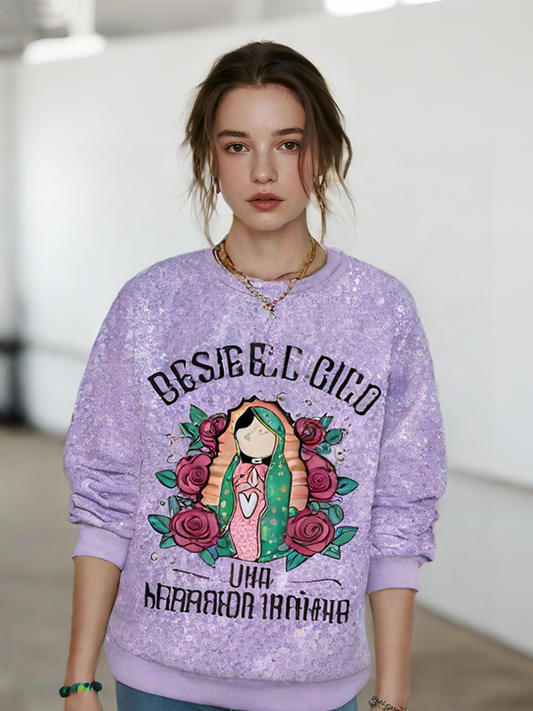 Desde El Cield Mary Faith Christian Fun Print Casual Long Sleeve Top